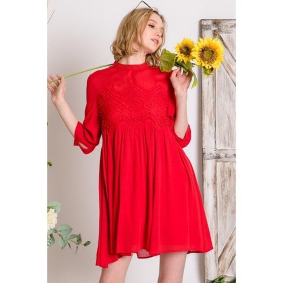 Davi & Dani Detailed Lace Vintage Dress Red - Picture 2 of 11